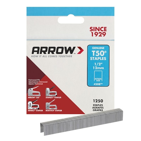Arrow Fastener Heavy Duty Staples, 18 ga, Flat Crown, 1/2 in Leg L, Steel 50824